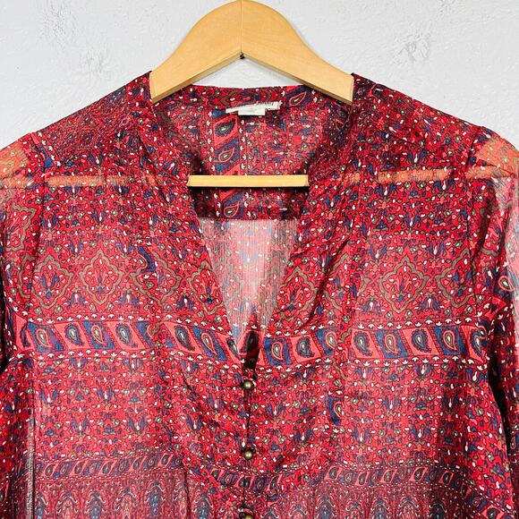 Converse Semi Sheer Ball Button Tunic Top Peasant Blouse Red Print Long Slv - S - Picture 2 of 6